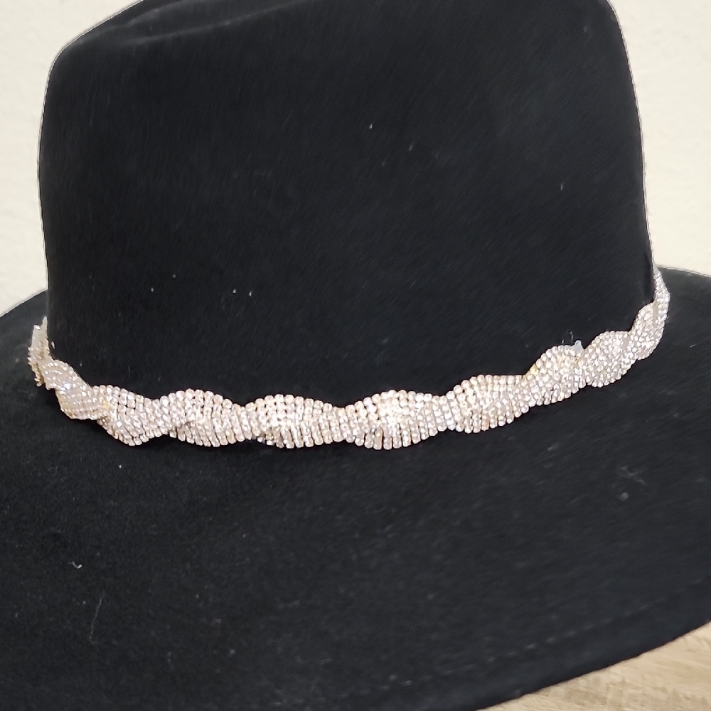 Steve Madden Black Wide-Brim Hat With Rhinestone Belt Accent - Picture 7 of 10